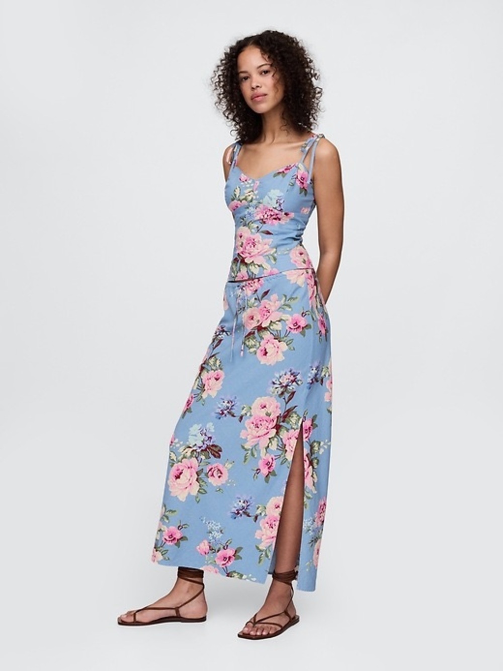 Gap Blue Floral Linen Blend Matching Skirt and Top Set